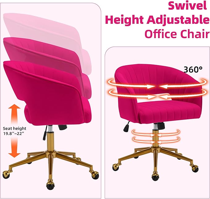 Westice Home Office Desk Chairs, Modern Velvet Rolling Chair, Height Adjustable Swivel Vanity Chair with Golden Base, Ergonomic Chair for Vanity Study, Living Room Computer Room, Hot Pink