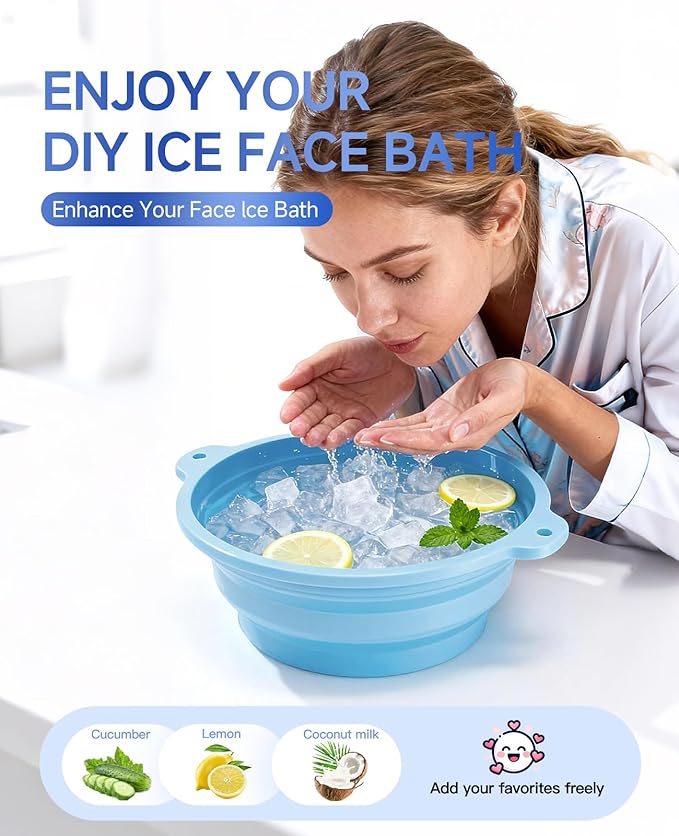 Foldable Silicone Face Ice Bath Bowl with Built-in Ice Tray, Cold Plunge Therapy for Skin Tightening, Puffiness Reduction & Acne Relief, Portable Spa Tool for Home & Travel (Blue)