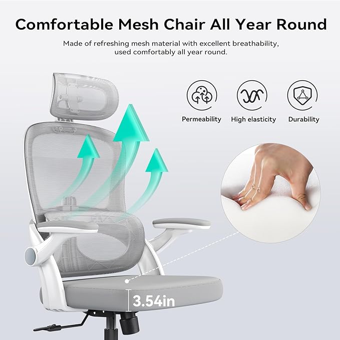 SIHOO M102C Ergonomic Office Chair, High Back Desk Chair with 3D Armrests, Up&Down Lumbar Support, Swivel Computer Task Chair with Adjustable 2D Headrest, Tilt Function,White