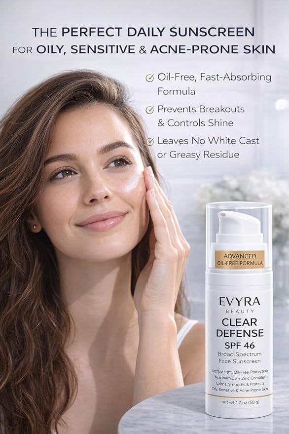 EVYRA Clear Defense SPF 46 Sunscreen Lotion for Face Broad Spectrum UV Protection, Niacinamide + Zinc PCA Oil Control, Lightweight Non-Greasy, No White Cast, Water-Resistant, For Oily/Acne-Prone Skin