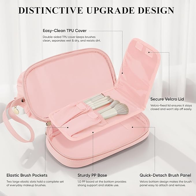 Travel Makeup Bag, Large Capacity Double Layer Cosmetic Bags for Women, Waterproof Portable Make Up Skincare Pouch with Makeup Brush Organizer, Toiletry Bag for Essentials, Pink