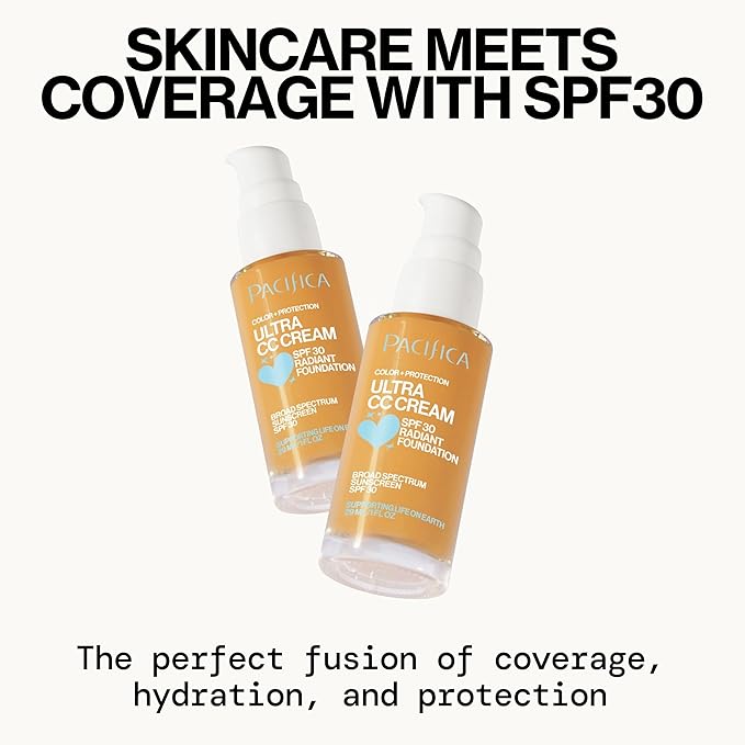 Pacifica Ultra CC Cream Radiant Foundation SPF 17 - Warm/Medium – Medium Coverage Color Correcting Cream, Dewy Finish, Mineral SPF, 1 oz