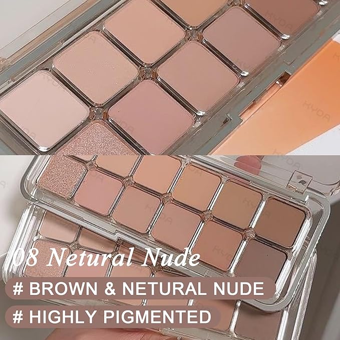 KYDA 12 Colors Netural Nude Eyeshadow Palette with Brush, High Pigment Matte Shimmer Brown Eye Shadow, Netural Eyes Palette for Women, Soft Blendable Powder Eyeshadow, Korean Eyes Makeup