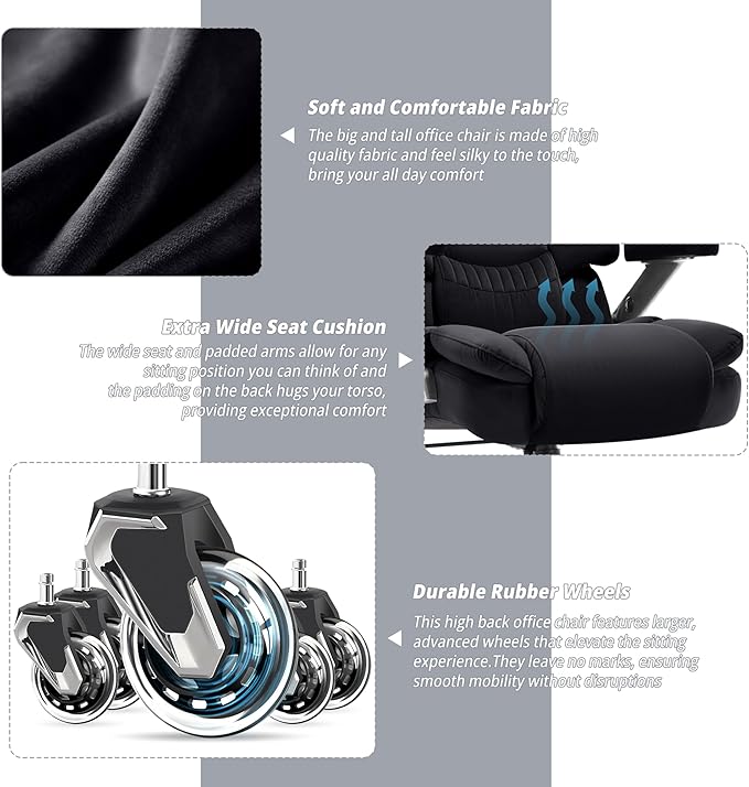 Fabric Big and Tall Office Chair 700lbs-High Back Executive Cloth Computer Chair with Adjustable Lumbar Support 3D Flip Arms Plus Size Rubber Wheels-Extra Wide Large Desk Chairs, Heavy Duty Metal Base