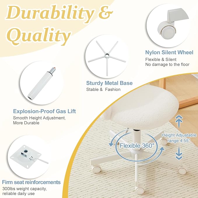 VINGLI Modern Vanity Chair with Back, Velvet Desk Chair for Girls, Small Office Chair with Silent Wheels， Stylish and Comfortable, White