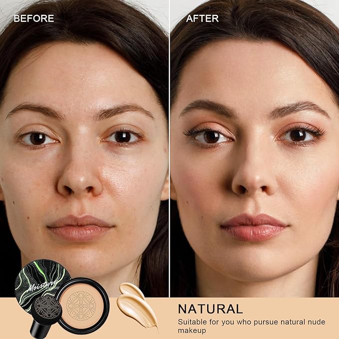 Mushroom Head Air Cushion CC Cream - BB Cream Face Makeup for Mature Skin, Moisturizing Cover Balm Foundation & Long-Lasting Color Correcting Concealer, Even Skin Tone for All Skin (Natural)