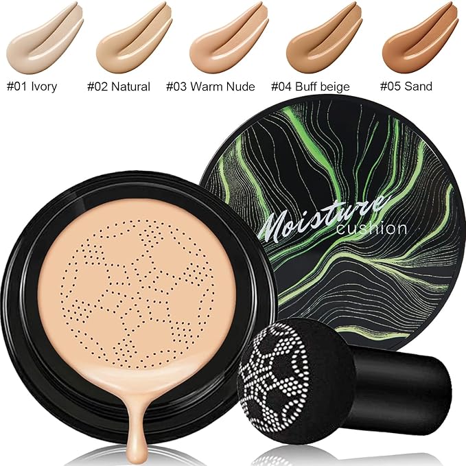 PHOERA Foundation Full Coverage Makeup, Mushroom Head Air Cushion CC Cream Natural Foundation, PHOERA Primer, PHOERA Powder, Brushes Foundation Brush,2 Makeup Sponge (103Warm peach + 03Warm NudeCC)
