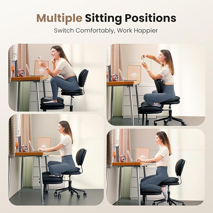 Cross Legged Office Chair, Ergonomic Cloud Criss Cross Desk Chair, Meditation Chair with Wheels, Height Adjustable Seat for ADHD, Wide Kneeling Chair with Back Support, Matte Black