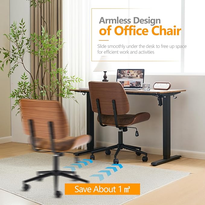 VINGLI Wide Curved Seat&Back Armless Home Office Chair,Ergoromic Adjustable-Height Desk Chair,Swivel&Tilting Function,Stylish Walnut Task Chair for Meeing Room,Dining Room,Vintage Rustic