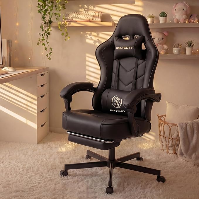 Office Chair Breathable Leather with Pocket Spring Cushion, Wide and High Ergonomic Computer Gaming Chair with Headrest and Footrest for Adult, Black