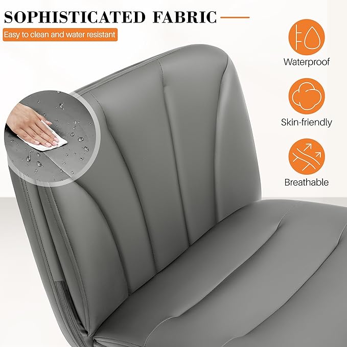 FelixKing Criss Cross Chair with Wheels, Cross Legged Office Chair, Armless Wide Vanity Desk Chair with Comfty PU Leather & Back - Swivel Height Ajustable for Home Office Bedroom, Gray