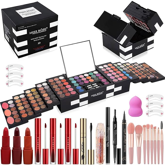 MISS ROSE M 148 Colors Makeup Pallet,Professional Makeup Kit for Women Full Kit,All in One Makeup Sets for Women&Beginner,include Eyeshadow,Lipstick,Eyeliner,Concealer,makeup brush(045 Set-Black)