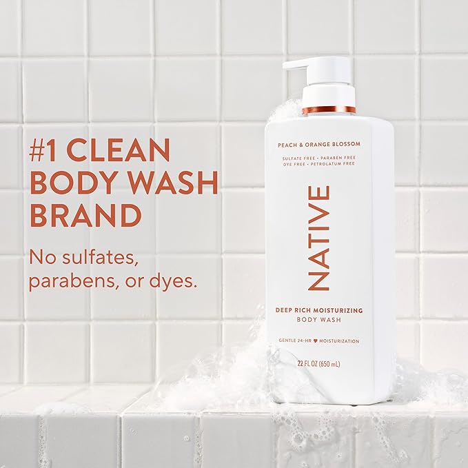 Native Moisturizing Body Wash, Peach & Orange Blossom, 24-Hour Hydration for Dry & Sensitive Skin, Made with Real Shea Butter, Sulfate & Paraben Free, 22 oz