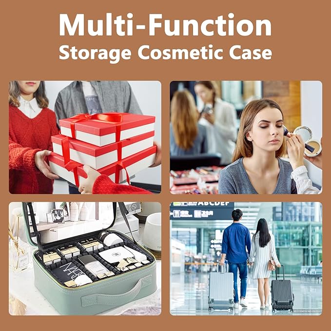 Makeup Bag with Led Mirror,Large Vanity Makeup Cases with 3 Color Setting,Portable Storage and Adjustable Dividers,for Women and Makeup Artists Cosmetic Organizer Travel Makeup Bag-Caramel