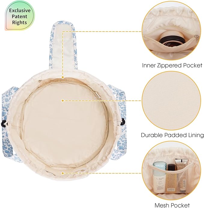 Narwey Lay Flat Open Drawstring Makeup Bag, Large Floral Cosmetic Bag for Women Girls, Cute Make up Bags with Handle, Travel Toiletry Bag for Skincare, Brushes & Travel Essentials (Blue Flower)