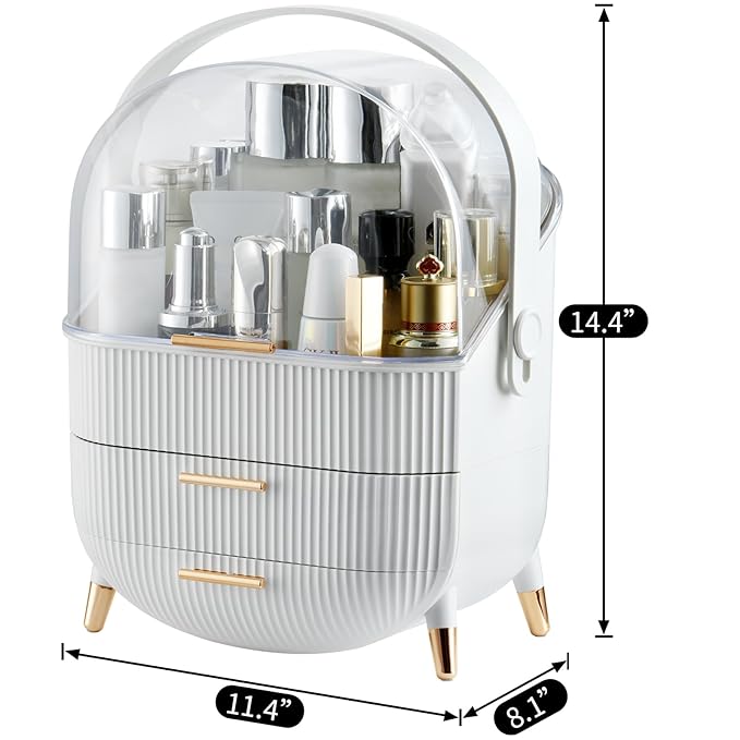 CANITORON Makeup Organizer,Skincare Organizer with 2 Drawers and Transparent Cover,Cosmetic Display Case for Vanity Organizer and Bathroom Countertop Storage.(White)