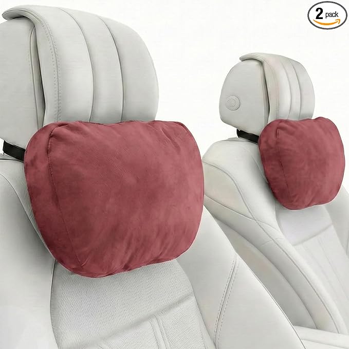 2PCS Car Pillow for Car Neck Pillow for Driving Seat Leather Neck Support Soft Cushion Back Support Head-Rests for Vehicle Sleeping with Elastic Adjustment Strap (Red, Head)