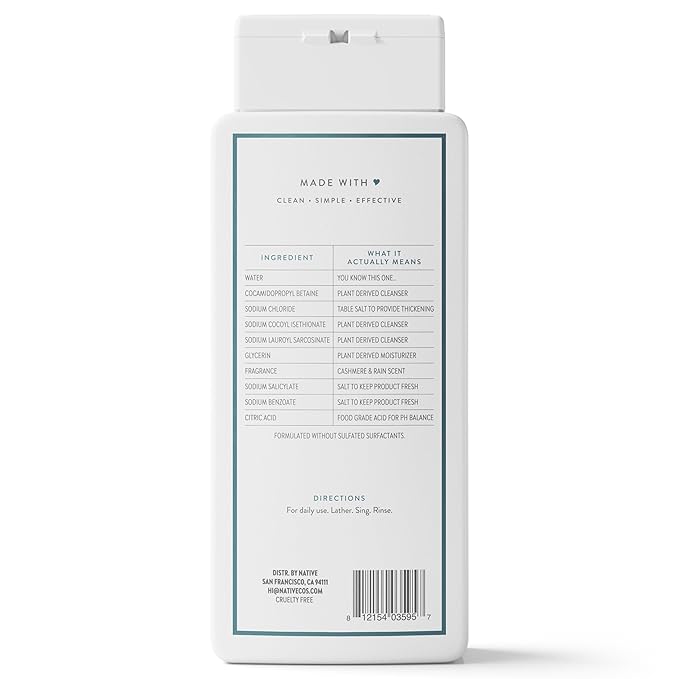 Native Body Wash Contains Naturally Derived Ingredients | For Women & Men, Sulfate, Paraben, & Dye Free Leaving Skin Soft and Hydrated | Cashmere & Rain 18 oz