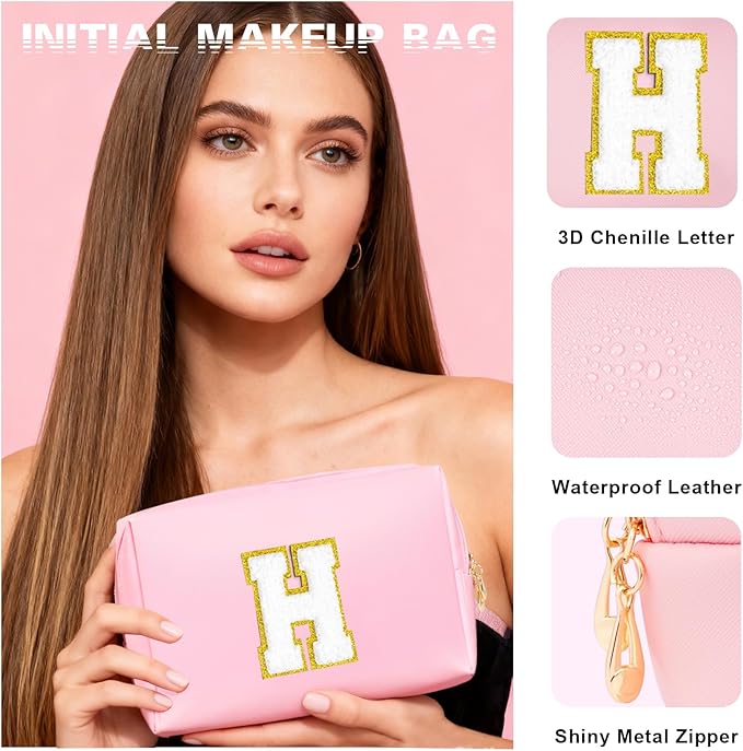 Initial Makeup Bag - Birthday Gifts for Girls 4 5 6 7 8 9 10 11 12 Year Old Teen Girls, Personalized Teen Girl Gifts- Preppy Cosmetic Bags Cute claw clips for Kids Women (H)