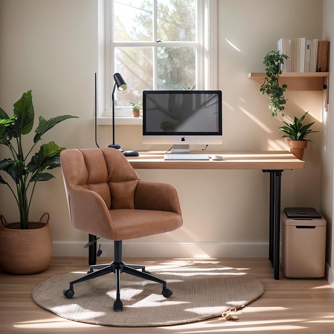 Brown Leather Desk Chair Office Chair with Mid Back Support Armrest, Adjustable-Height 360° Swivel Rolling Task Chair Home Office Modern Vanity Chair, Brown