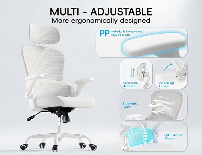 TRALT Office Chair - Ergonomic Office Chair with Back Support, Computer Chair - Home Office Desk Chairs, 330lbs Wide Seat Big and Tall Office Chairs with Headrest, Comfy Desk Chairs (White)