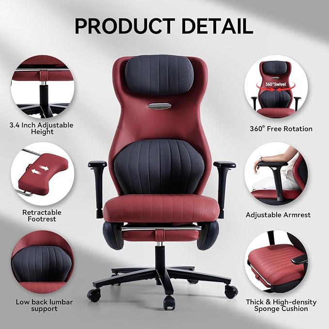 EMIAH Ergonomic Office Chair with Foot Rest Reclining Office Chair with Adjustable Arms and Headrest High Back Gaming Chair with Lumbar Support, PU Leather(Red)