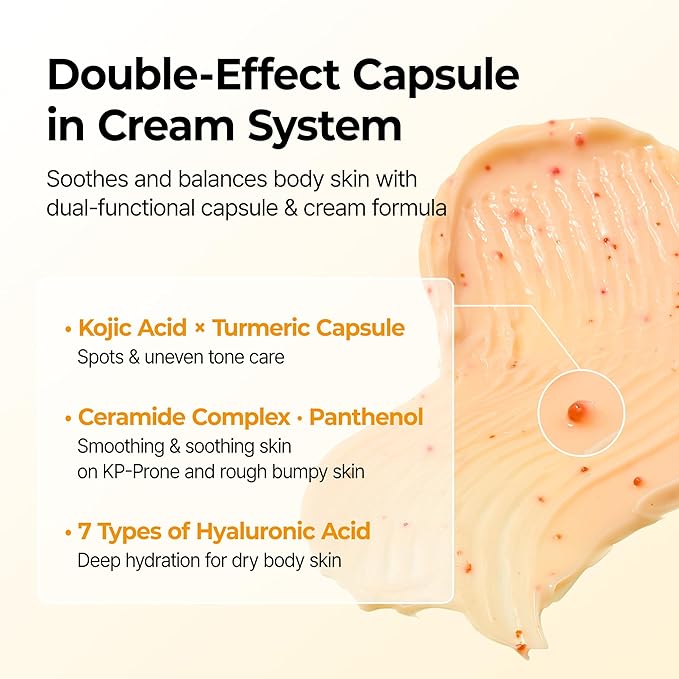 Dr.Melaxin Kojic Acid Turmeric Capsule Body Cream, Brightening Body Moisturizer for Dark Spots and Uneven Skin Tone, with Ceramides & Hyaluronic Acid, 200g