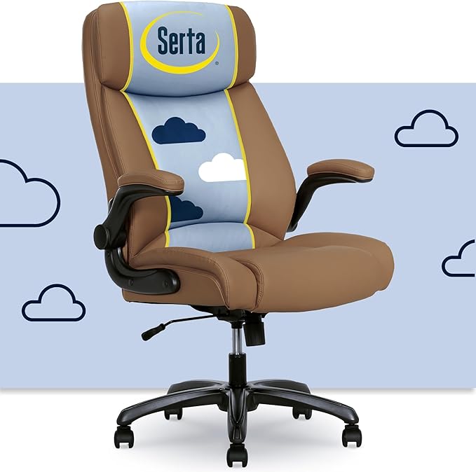 Serta Torrington Big & Tall Office Chair, with Flip-Up Padded Armrests, Ultra-Comfortable ComfortCoils Seat Cushion Technology, Modern Executive Premium PU Desk Chair, Tan