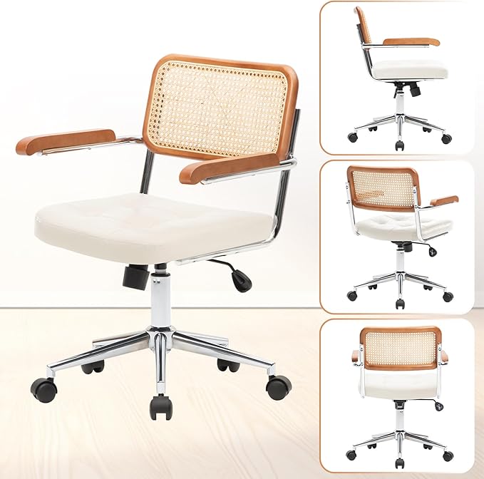 Rattan Office Chairs, Modern Rattan Desk Chair with Natural Back & Wood Armrest, Small Upholstered Tufted Leather Home Office Desk Chairs for Home Office, Bedroom, Study, White