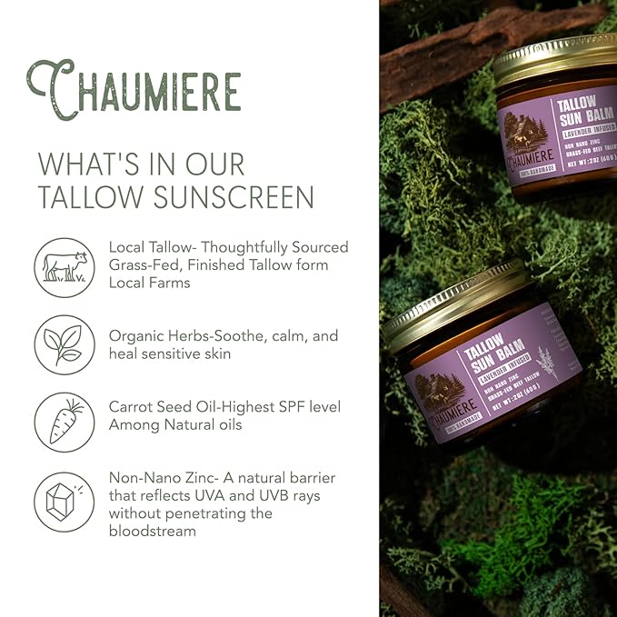 Lavender Tallow Sunscreen SPF 50 – Grass-Fed Beef Tallow Balm with Carrot Seed Oil & Non-Nano Zinc – Organic Face & Body Moisturizer, Reef Safe, Naturally Scented – 2.5oz, Made in USA