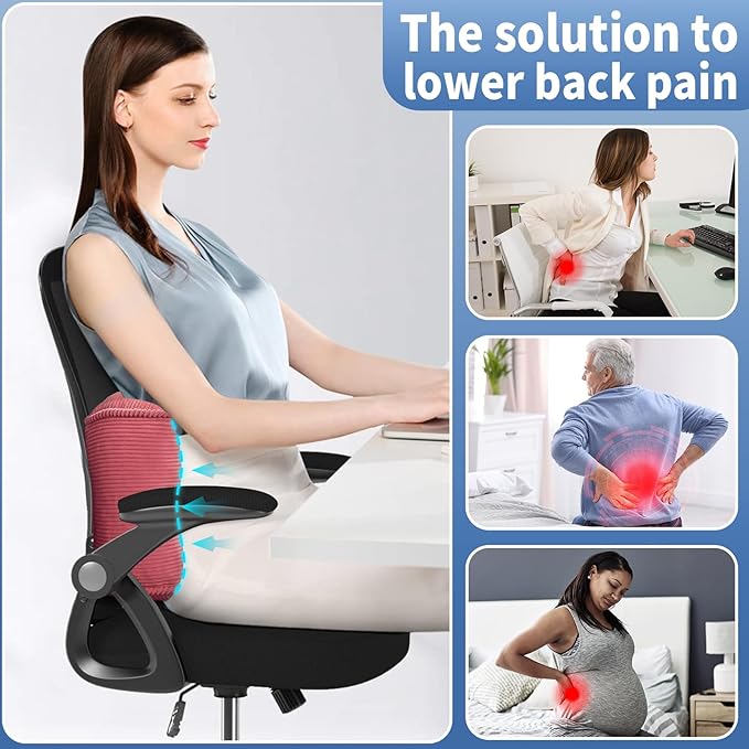 Lumbar Support Pillow for Study Desk Chair, Bite-Size Natural Latex Foam Back Support Pillow for Lower Back Pain Relief, Soft & Support Corduroy Office Chair Cushion, S, Pink
