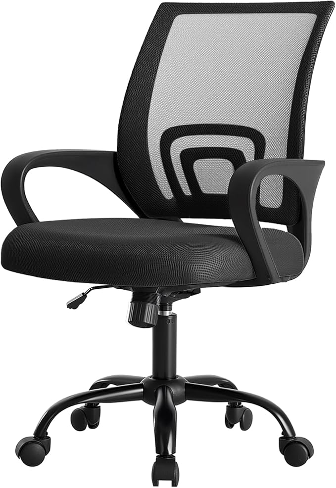 DUMOS Home Office Chair - Ergonomic Mid Back Mesh Desk Chair with Lumbar Support & Rocking Mode, Height Adjustable with Fixed Armrest, for Computer, Gaming, Meeting, 360° Swivel, Black, 2 Pack