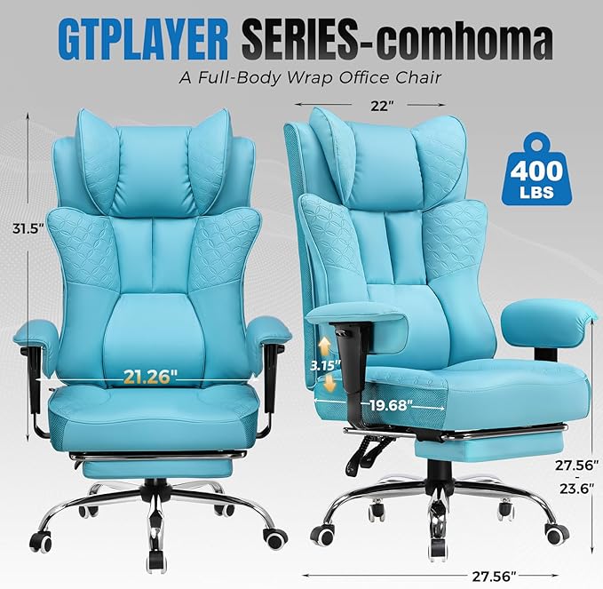 GTPLAYER Big and Tall Office Chair 400LBS Wide Ergonomic Gaming Chair with Deluxe Embossing Designed Leather with Foot Rest,150°Reclining Adjustable Soft Armrests Pocket Spring Back Support and Pillow