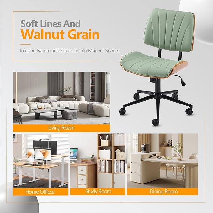VINGLI Wide Curved Seat&Back Armless Home Office Chair,Ergoromic Adjustable-Height Desk Chair,Swivel&Tilting Function,Stylish Walnut Task Chair for Meeing Room,Dining Room,PU,Olive Green