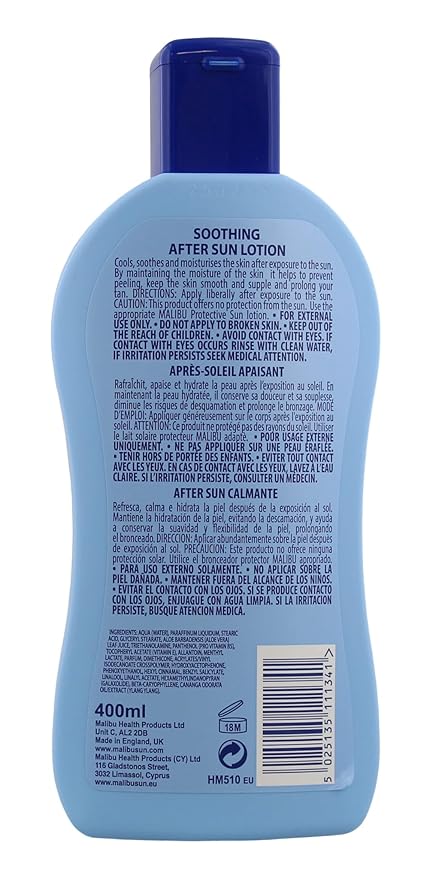 Malibu After Sun Lotion 13.5 fl oz – Cooling Aloe Vera & Vitamin E Moisturizer for Sunburn Relief, Hydrating Post Sun Care for Face & Body, Fast-Absorbing, Made in UK