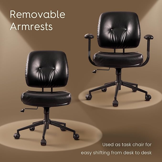 HOOOWOOO Ergonomic Office Chair,Mid Century Modern Computer Desk Chair,Comfy Executive Chair with Extra Wide Tufted Cloudy Seat Lumbar Support Rocking Back,PU Leather Black