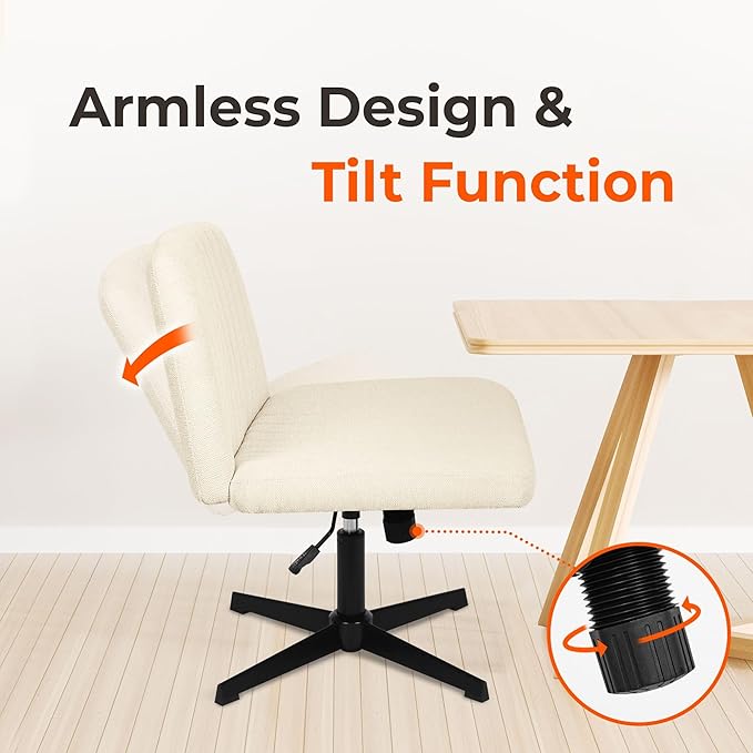 NEO Chair Criss Cross Chair No Wheels Armless Cross Legged Office Desk Wide Comfy Vanity Makeup Chair Adjustable Computer Task for Home Office Fabric (Beige)