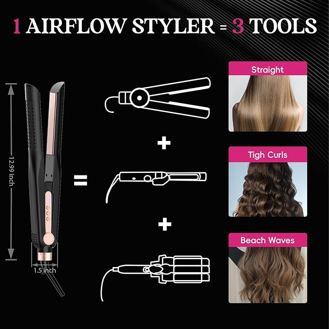 SKIMI Airflow Styler, Titanium Flat Iron Hair Straightener, Professional Curling Iron with Cooling Air Vents to Lock in Style, 5 Temps & Dual Voltage, Auto Off