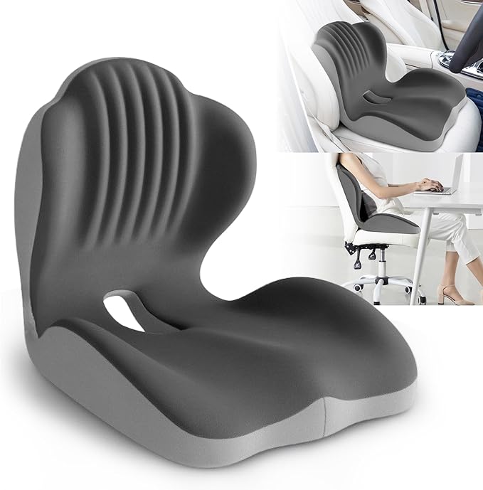 Ergonomic Waist Support and Seat Cushion, 2-in-1 Memory Foam Pad, Hollow Design for Coccyx, Suitable for Office Chairs, Car Safety Seats and Household Use - Relieves Lower Back and Hip Pain (Grey)