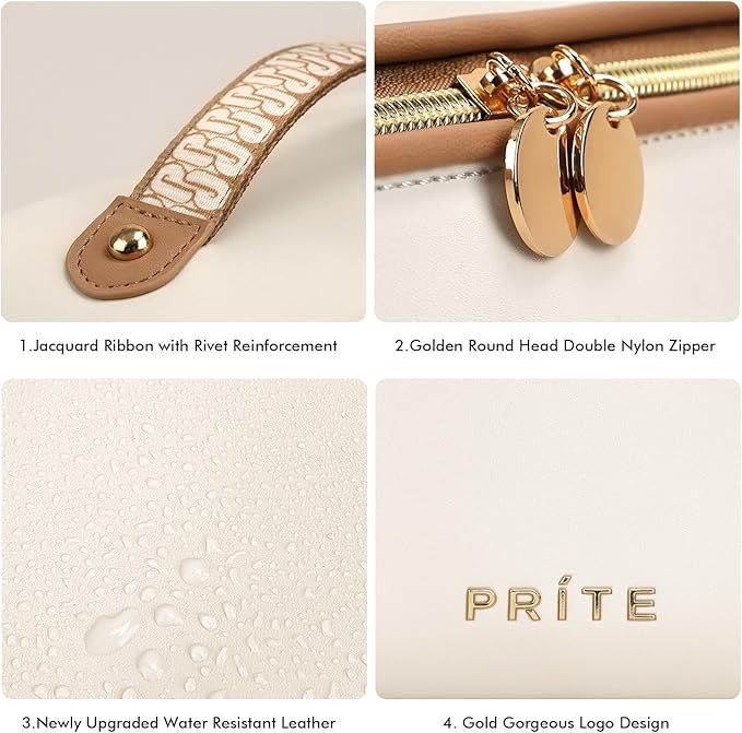 Prite Makeup Bag for Women Travel Waterproof Vegan Leather Cosmetic Bag Open Flat Toiletry Bag With Clear Divider and Handle (Large Beige Pro)