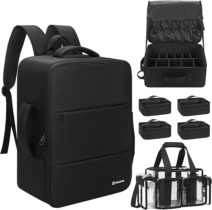 Relavel Makeup Backpack with Clear Makeup Bags, Extra Large Travel Train Case Makeup Artist Kit Set Bag with 4 Clear Bags, Storage Organizer Box with Dividers Cosmetic Hair Tools Barber Supplies