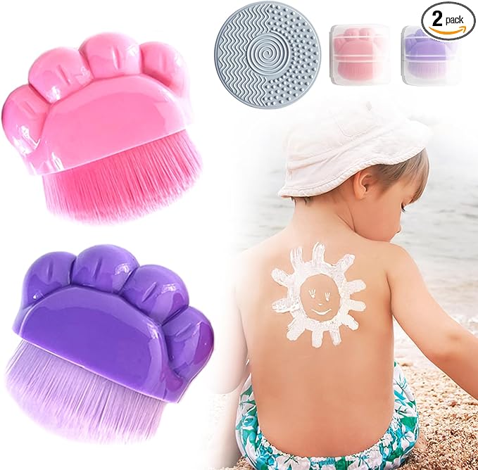 2Pcs Sunscreen Applicator for Kids, Sunblock Brush with Protective Case Sun Lotion Applicator SunCream Brush with Cleaning Pad for Suncream Liquid Foundation, 1.8*1.7 Inch, Purple, Rose Red