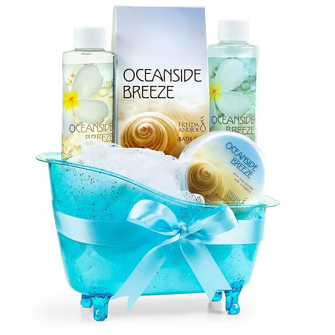 Home Spa Bath Basket Fresh Aquatic Oceanside Breeze Spa Set For Women Bath & Body Set For Women Shower Gel, Bubble Bath, Body Lotion, etc Puff in Blue Tub Gift – Mother's Day Gift for Mom