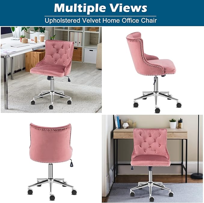 VINGLI Velvet Office Chair - Modern Upholstered Desk Chair with Adjustable Height, Tilting Mechanism, and Rolling Wheels - Pink