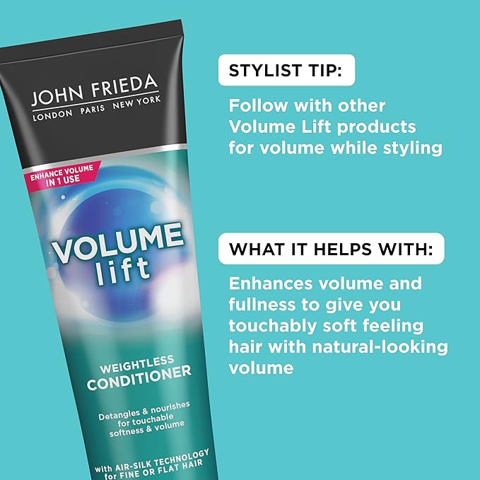 John Frieda Volume Lift Weightless Conditioner, Lightweight Volumizing Conditioner with Air-Silk Technology for Fine or Flat Hair, Adds Natural Fullness, Safe for Color-Treated Hair, 8.45 Oz
