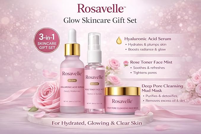 Hyaluronic Acid Collagen Skincare Kit for Women | Face Serum Rose Toner Mist Mud Mask Combo | Hydrating Brightening Deep Pore Cleansing Glow Skin Care Set for Clear Smooth Radiant Skin