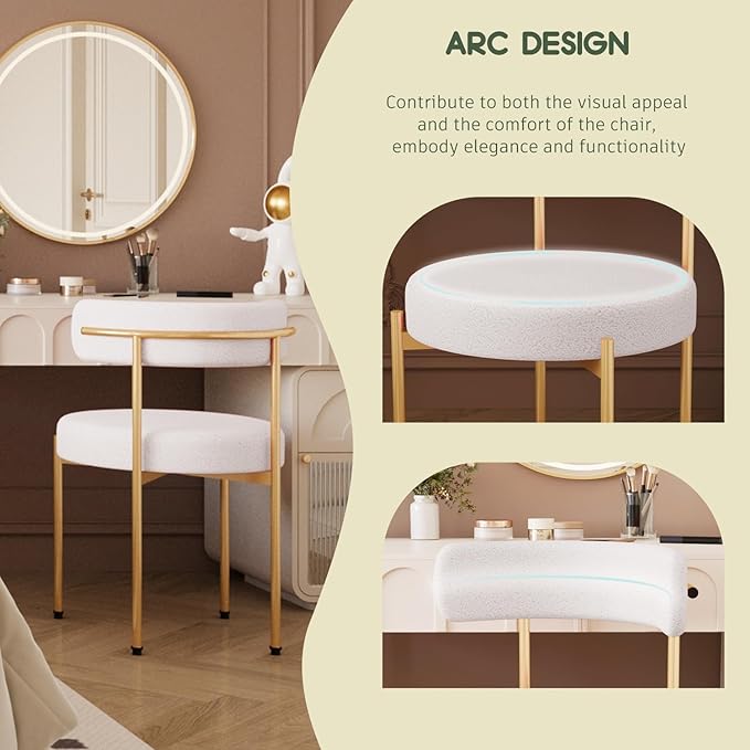 Desk Chair No Wheels Comfy Accent Chair for Living Dining Room Bedroom Home Office Mid Century Modern Upholstered Armless with Metal Legs (Gold Frame+White, 4)