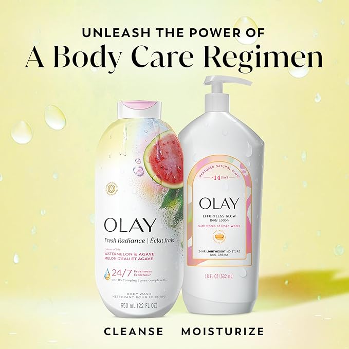 Olay Body Wash for Women, Fresh Radiance, 24/7 Skin-Loving Freshness, Visibly Radiant, Plant Based Cleansers, Vitamin B3 & Antioxidant Blend, For All Skin Types, Watermelon & Agave Scent, 22 fl oz