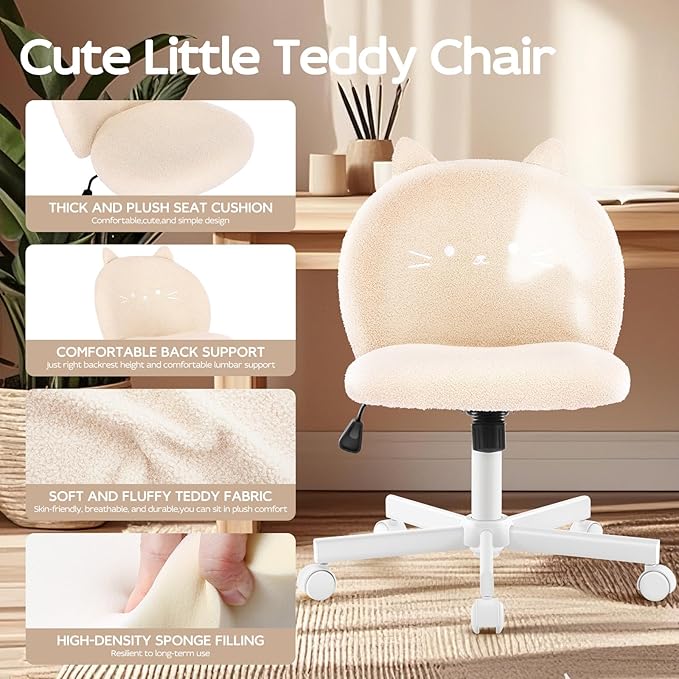 Vanity Chair with Cat Back,Armless Desk Chair Cute Small Office Chair,Teddy Fabric Computer Chair with Adjustable Height,120°Tilting,Rolling,Swivel for Vanity,Kids Room,Office,Bedroom Beige