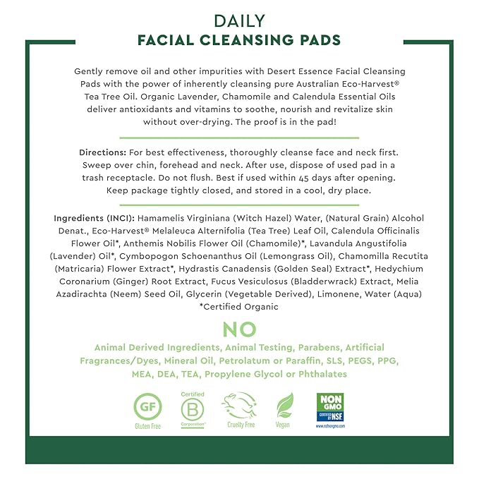 Desert Essene Daily Facial Cleansing Pads with Pure Australian Tea Tree, Witch Hazel, Calendula & Chamomile - Reduce Oil, Minimize Pores - Plant-Based Cleanser - Vegan, Non-GMO, Cruelty-Free - 50 Pads